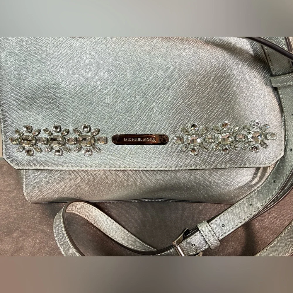 Michael Kors satchel crossbody Saffiano leather metallic silver crystal floral - Picture 10 of 16